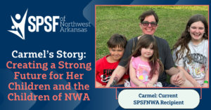 Carmel, a single mother and SPSFNWA scholarship recipient, sits outside with her three children, highlighting her journey of returning to school to build a stronger future for her family.