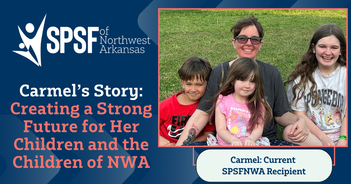 Carmel, a single mother and SPSFNWA scholarship recipient, sits outside with her three children, highlighting her journey of returning to school to build a stronger future for her family.